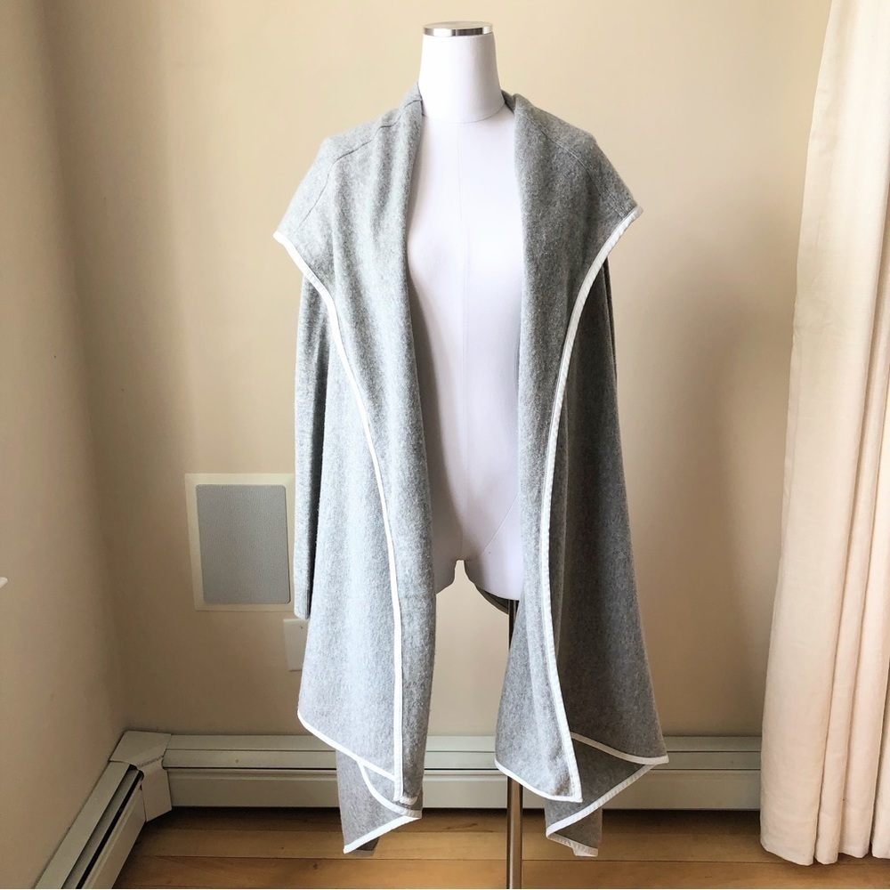 GRAY Wool Cashmere Open Front Waterfall Cardigan Sweater Hood Leather Trim M